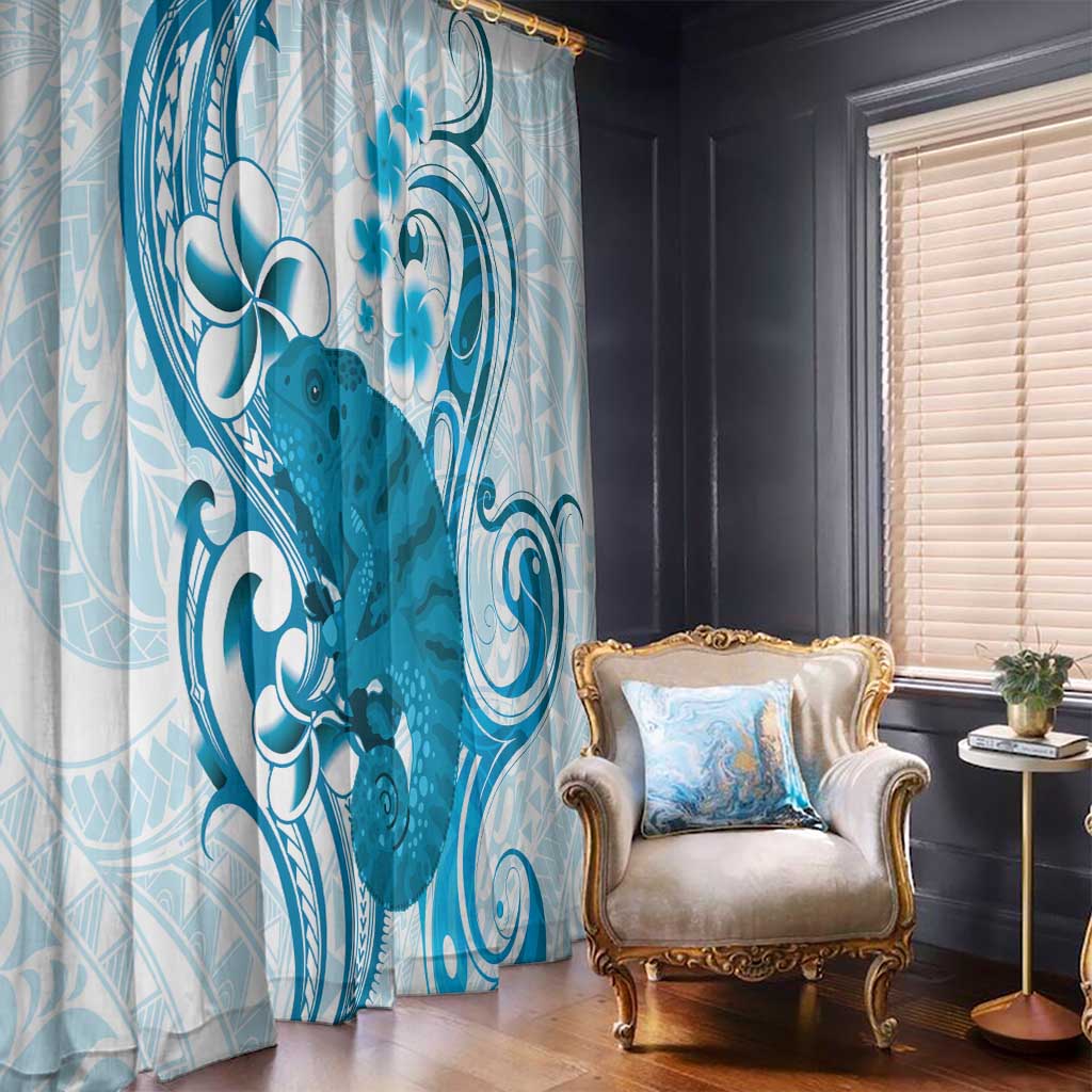 Cyan And White Hawaii Chameleon Window Curtain Plumeria Polynesian Tribal Art LT14 - Polynesian Pride