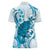 Cyan And White Hawaii Chameleon Women Polo Shirt Plumeria Polynesian Tribal Art