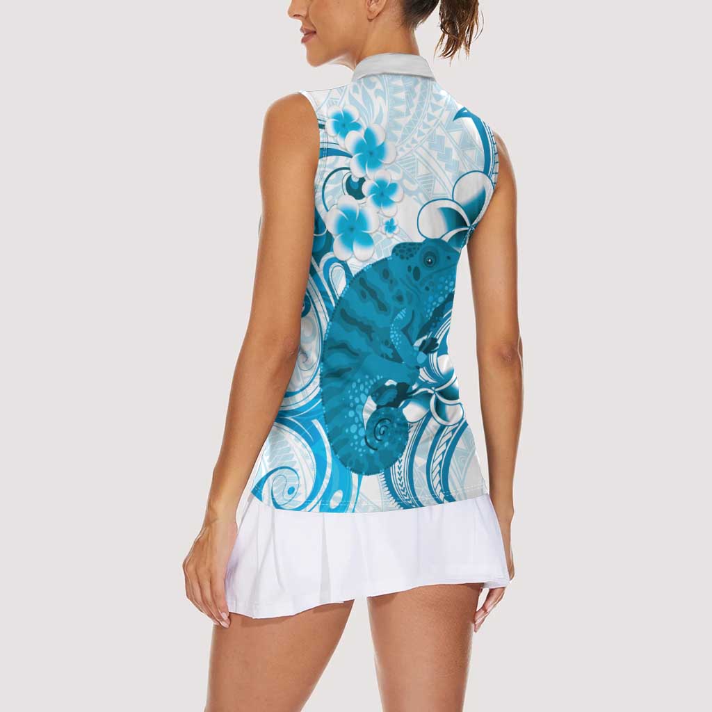 Cyan And White Hawaii Chameleon Women Sleeveless Polo Shirt Plumeria Polynesian Tribal Art