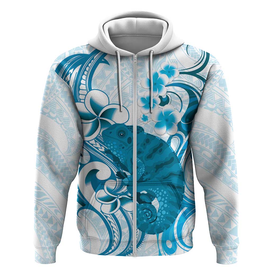 Cyan And White Hawaii Chameleon Zip Hoodie Plumeria Polynesian Tribal Art