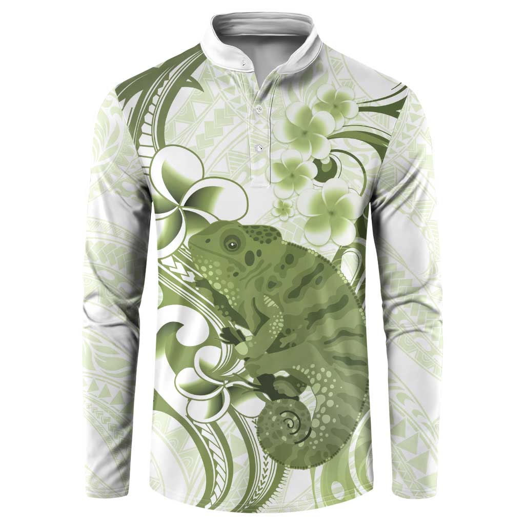 Green And White Hawaii Chameleon Button Sweatshirt Plumeria Polynesian Tribal Art LT14 Lime Green - Polynesian Pride