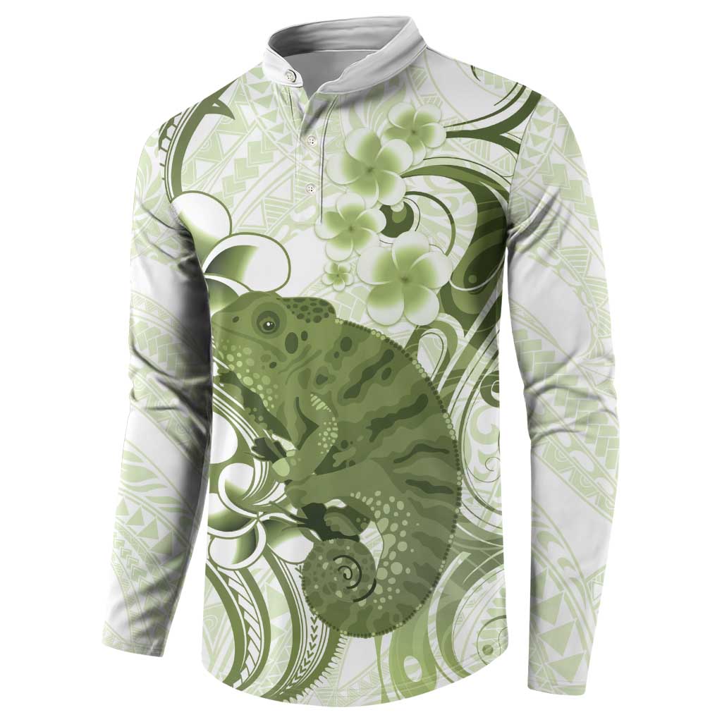 Green And White Hawaii Chameleon Button Sweatshirt Plumeria Polynesian Tribal Art LT14 - Polynesian Pride