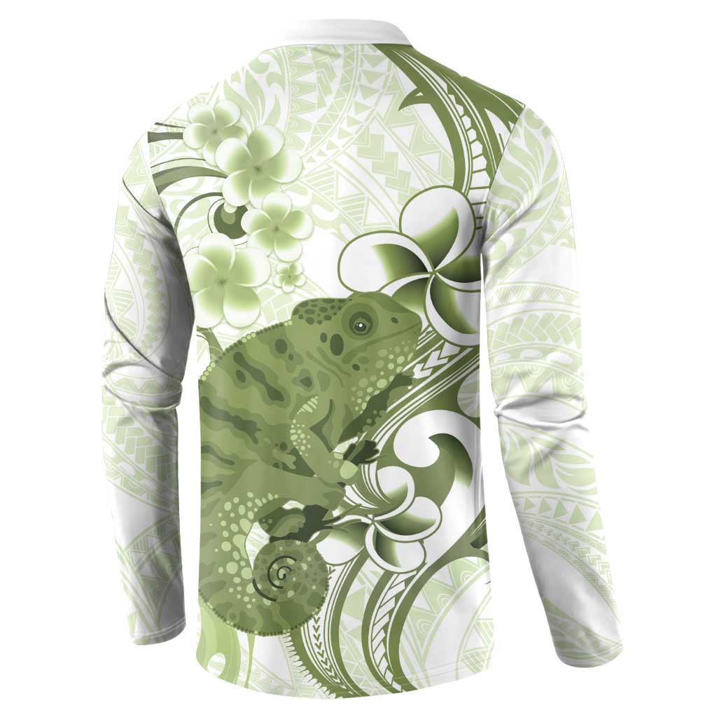 Green And White Hawaii Chameleon Button Sweatshirt Plumeria Polynesian Tribal Art LT14 - Polynesian Pride