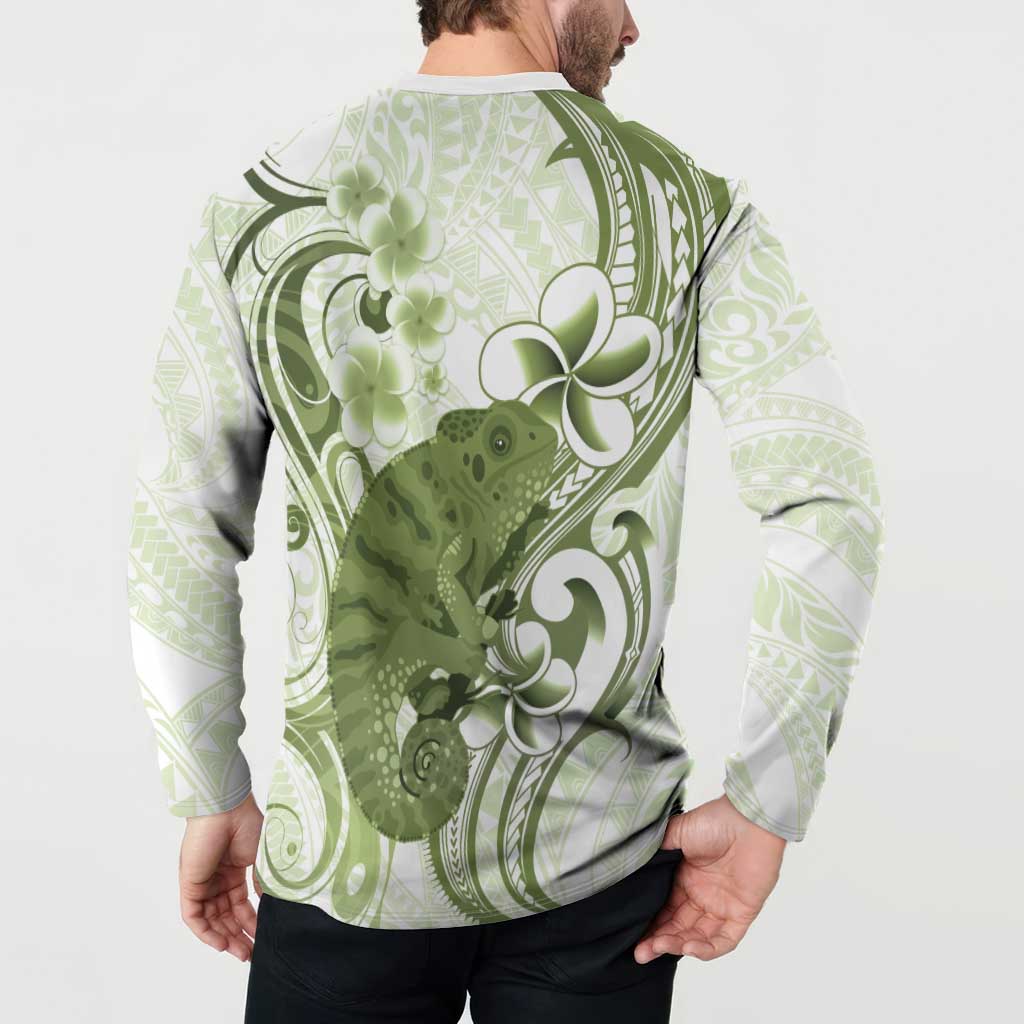 Green And White Hawaii Chameleon Button Sweatshirt Plumeria Polynesian Tribal Art LT14 - Polynesian Pride