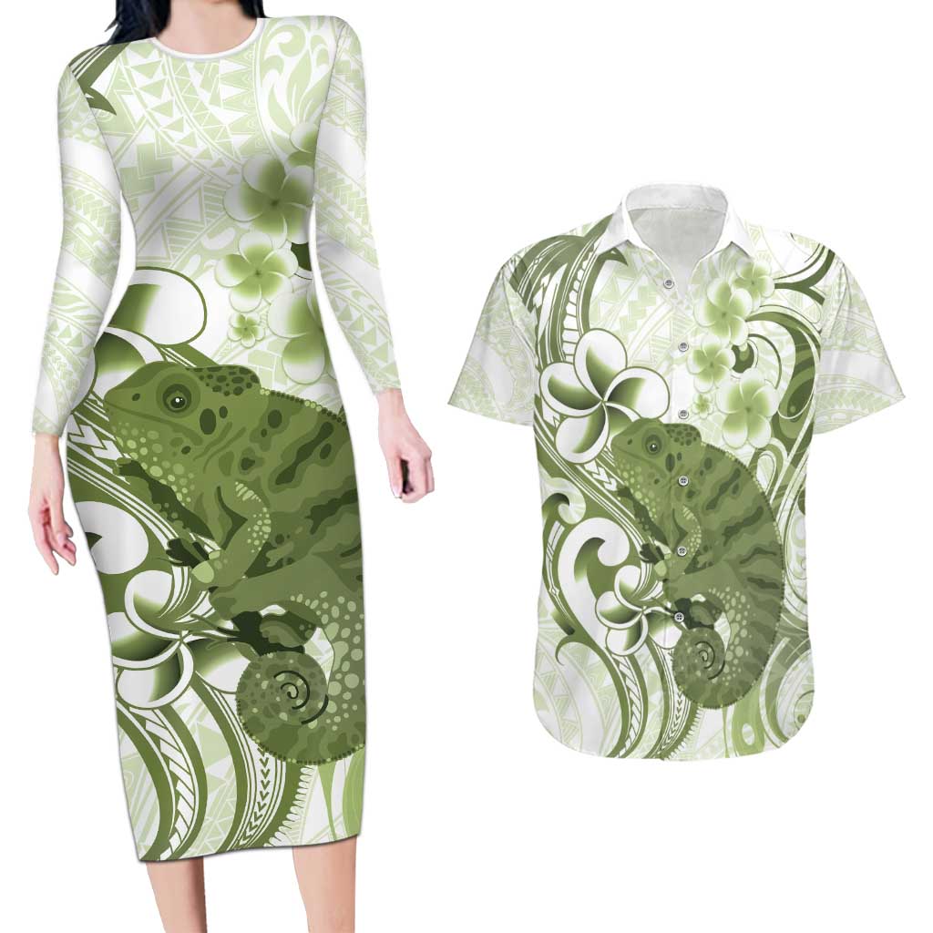 Green And White Hawaii Chameleon Couples Matching Long Sleeve Bodycon Dress and Hawaiian Shirt Plumeria Polynesian Tribal Art