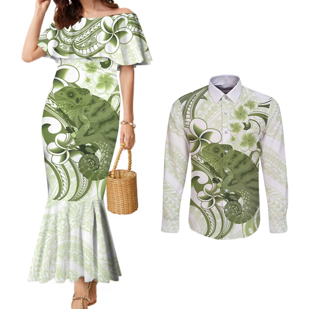 Green And White Hawaii Chameleon Couples Matching Mermaid Dress and Long Sleeve Button Shirt Plumeria Polynesian Tribal Art LT14 Lime Green - Polynesian Pride