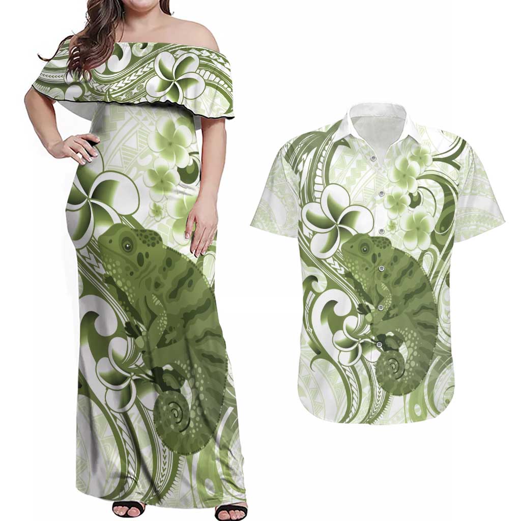 Green And White Hawaii Chameleon Couples Matching Off Shoulder Maxi Dress and Hawaiian Shirt Plumeria Polynesian Tribal Art