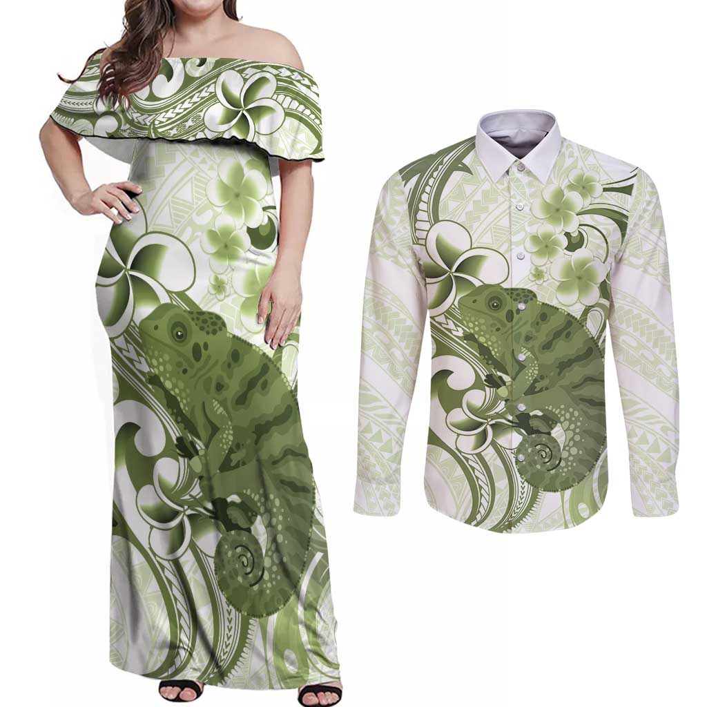 Green And White Hawaii Chameleon Couples Matching Off Shoulder Maxi Dress and Long Sleeve Button Shirt Plumeria Polynesian Tribal Art LT14 Lime Green - Polynesian Pride