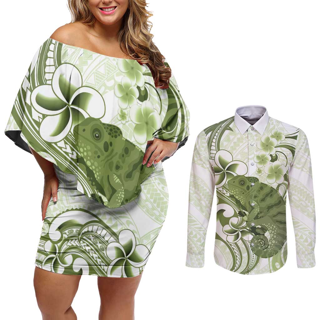Green And White Hawaii Chameleon Couples Matching Off Shoulder Short Dress and Long Sleeve Button Shirt Plumeria Polynesian Tribal Art LT14 Lime Green - Polynesian Pride