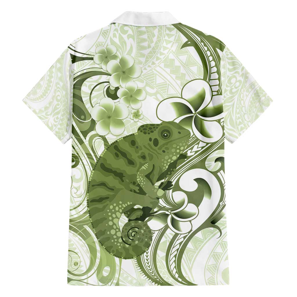 Green And White Hawaii Chameleon Family Matching Long Sleeve Bodycon Dress and Hawaiian Shirt Plumeria Polynesian Tribal Art