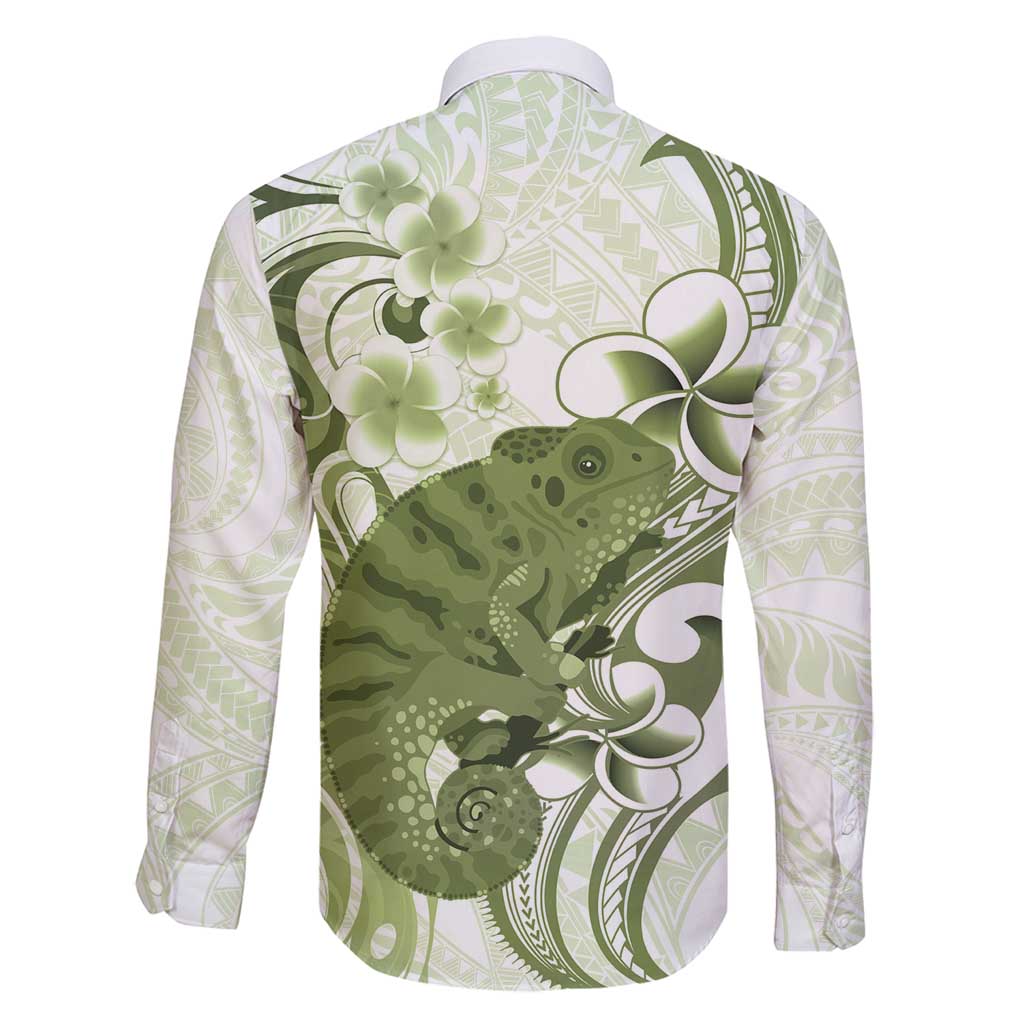 Green And White Hawaii Chameleon Family Matching Long Sleeve Bodycon Dress and Hawaiian Shirt Plumeria Polynesian Tribal Art
