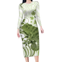 Green And White Hawaii Chameleon Family Matching Long Sleeve Bodycon Dress and Hawaiian Shirt Plumeria Polynesian Tribal Art