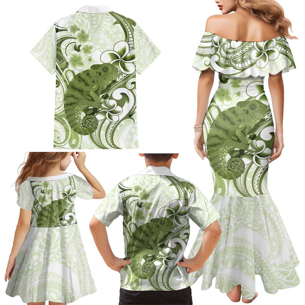 Green And White Hawaii Chameleon Family Matching Mermaid Dress and Hawaiian Shirt Plumeria Polynesian Tribal Art