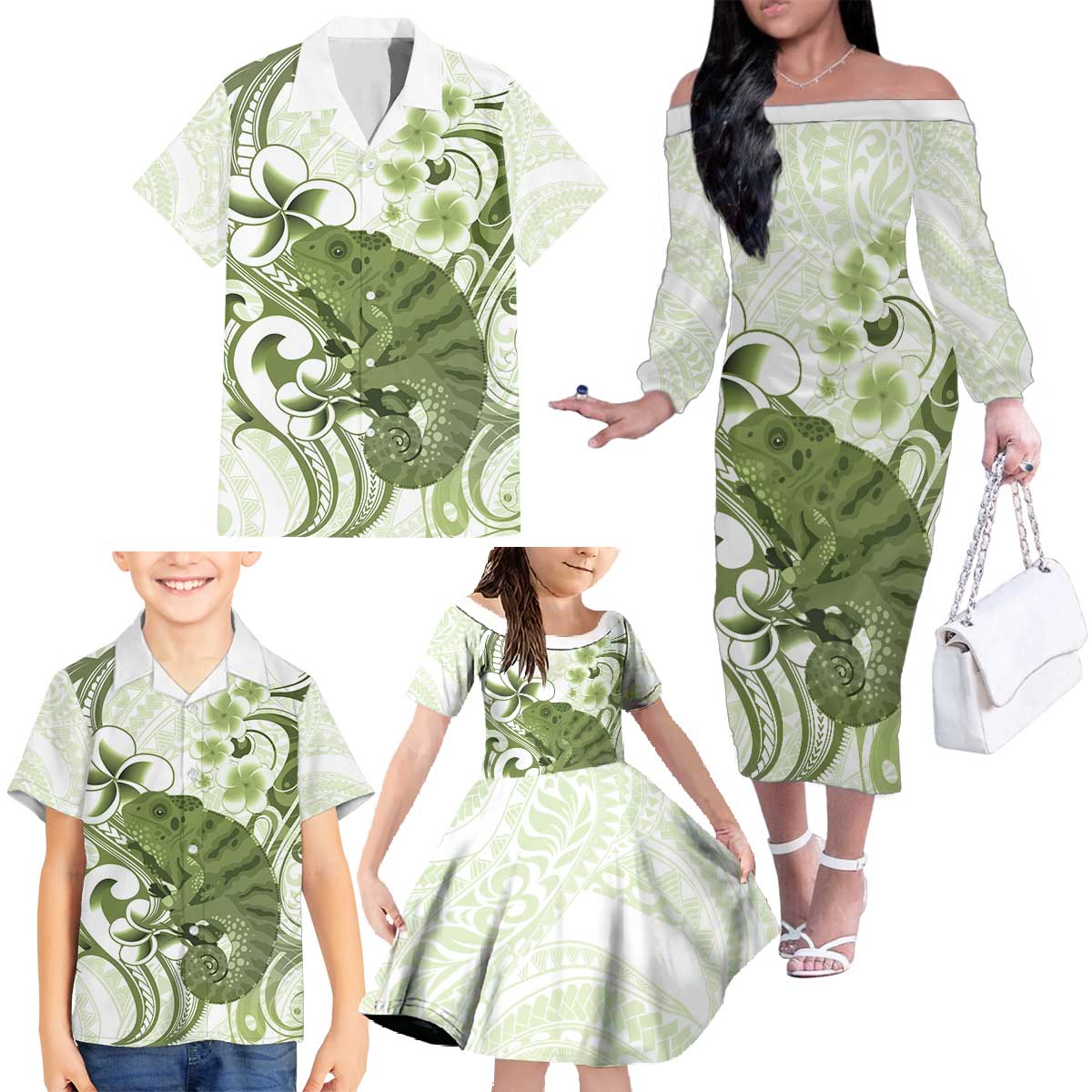 Green And White Hawaii Chameleon Family Matching Off The Shoulder Long Sleeve Dress and Hawaiian Shirt Plumeria Polynesian Tribal Art