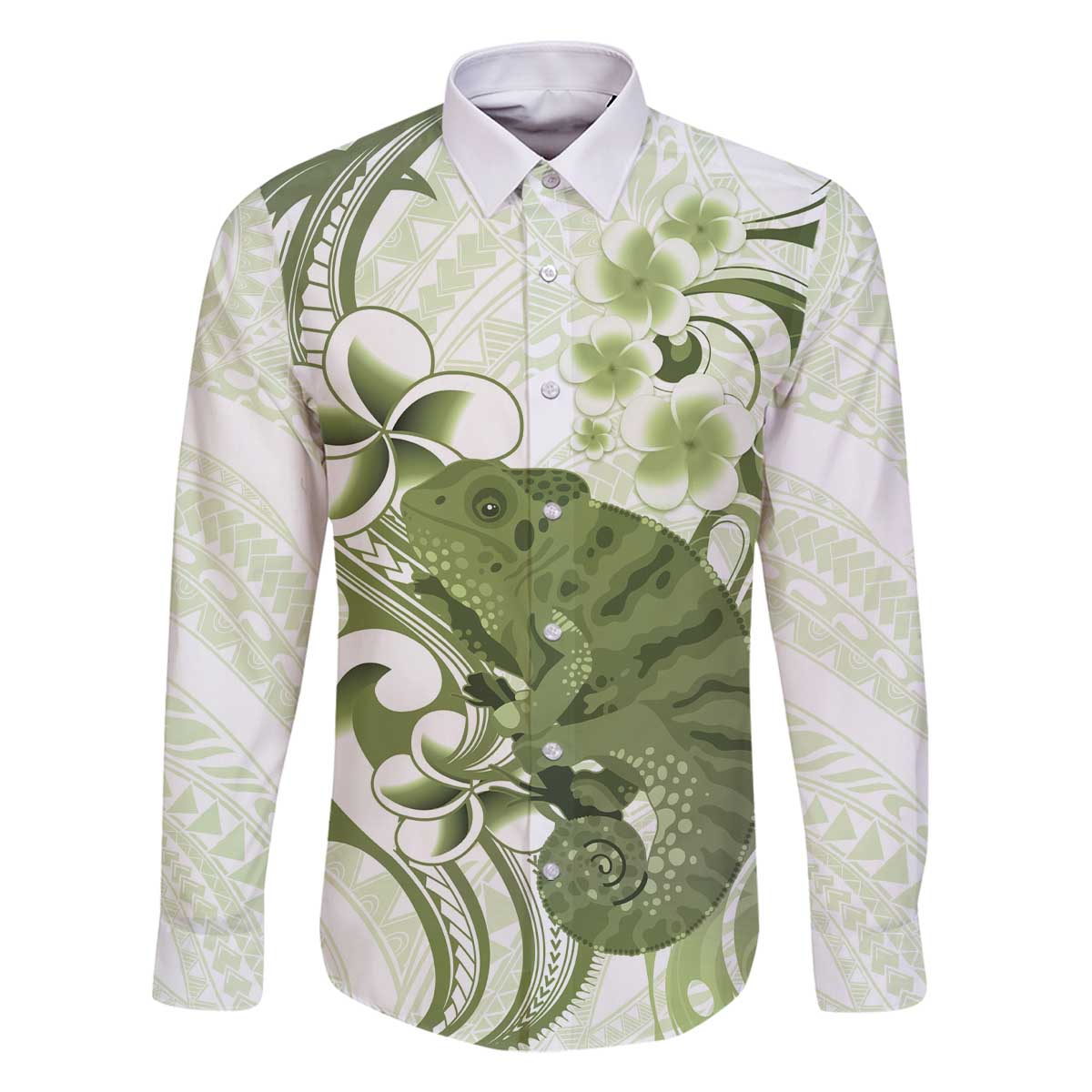Green And White Hawaii Chameleon Family Matching Off The Shoulder Long Sleeve Dress and Hawaiian Shirt Plumeria Polynesian Tribal Art