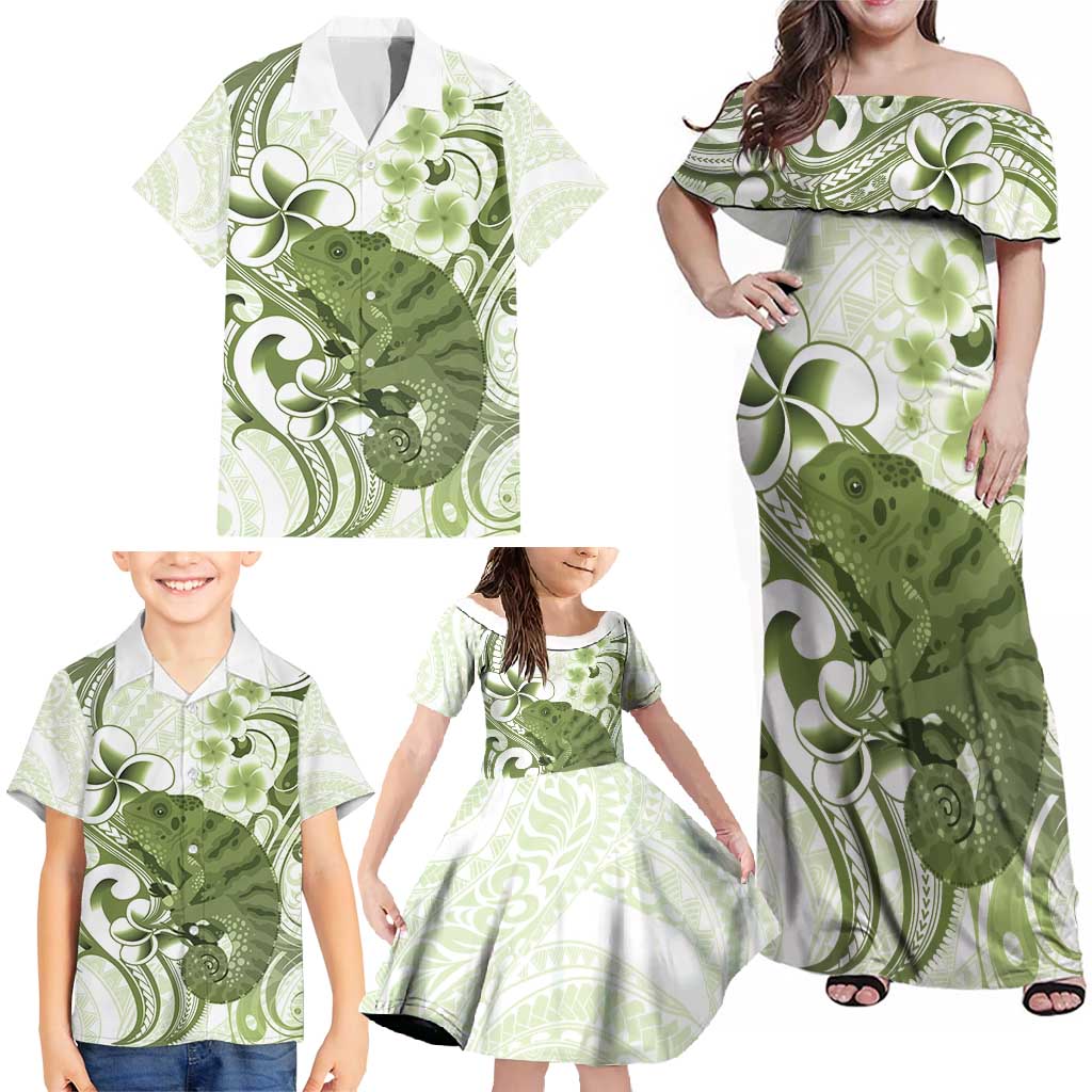 Green And White Hawaii Chameleon Family Matching Off Shoulder Maxi Dress and Hawaiian Shirt Plumeria Polynesian Tribal Art