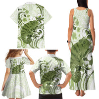 Green And White Hawaii Chameleon Family Matching Tank Maxi Dress and Hawaiian Shirt Plumeria Polynesian Tribal Art