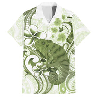 Green And White Hawaii Chameleon Family Matching Tank Maxi Dress and Hawaiian Shirt Plumeria Polynesian Tribal Art
