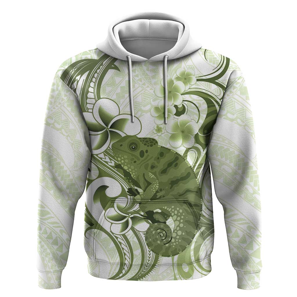 Green And White Hawaii Chameleon Hoodie Plumeria Polynesian Tribal Art