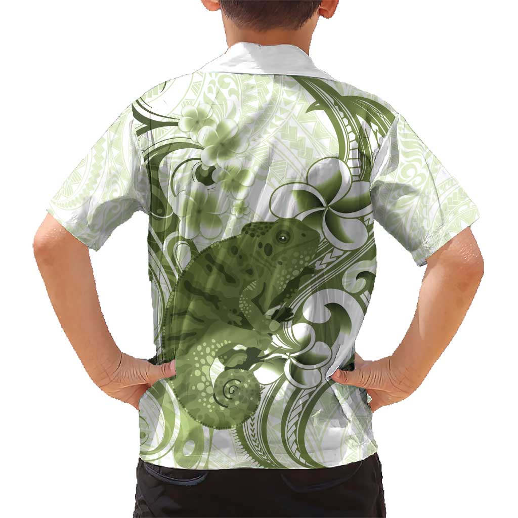 Green And White Hawaii Chameleon Kid Hawaiian Shirt Plumeria Polynesian Tribal Art