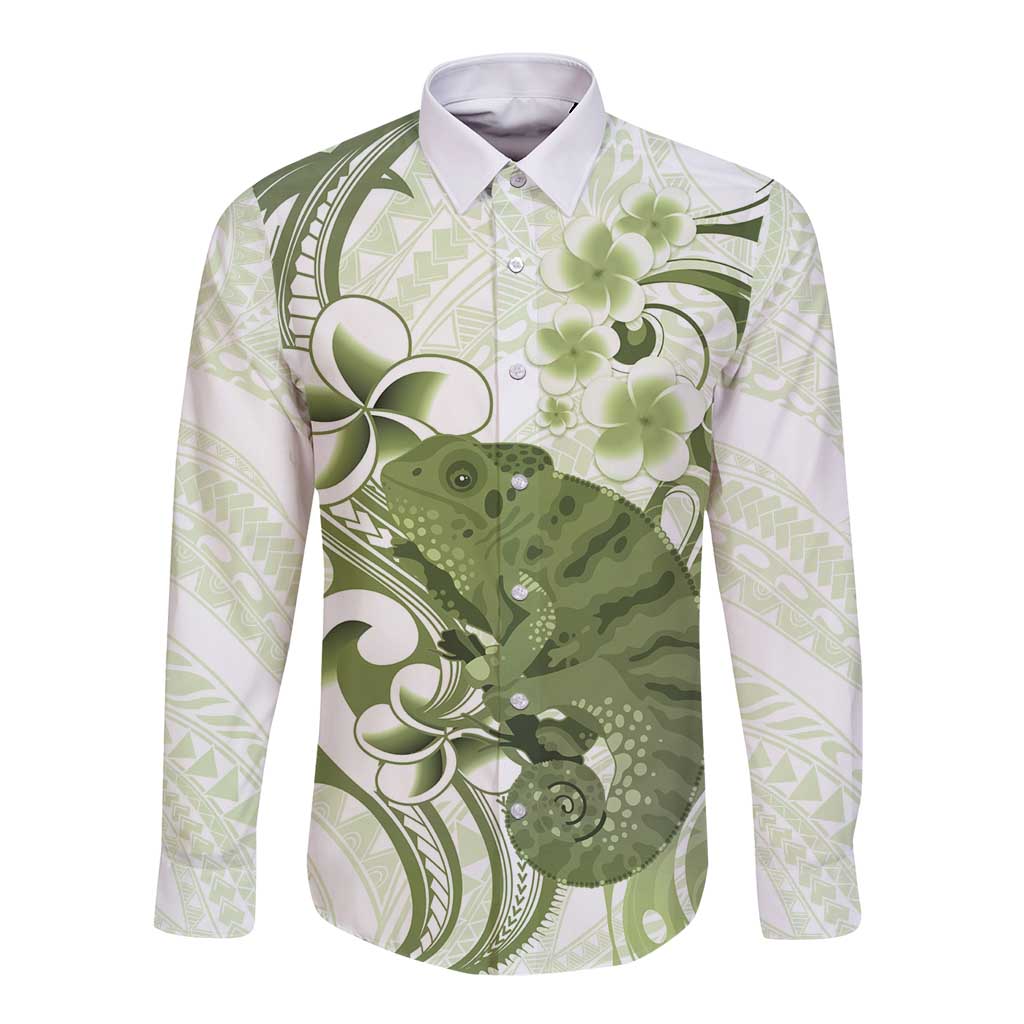 Green And White Hawaii Chameleon Long Sleeve Button Shirt Plumeria Polynesian Tribal Art