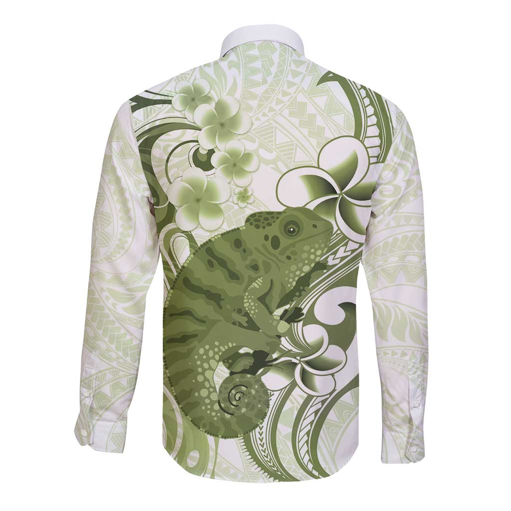 Green And White Hawaii Chameleon Long Sleeve Button Shirt Plumeria Polynesian Tribal Art