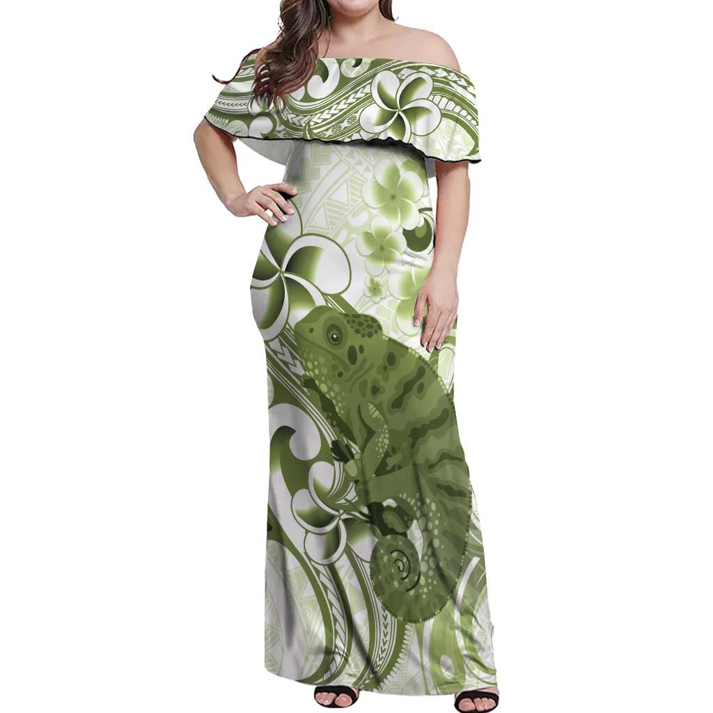 Green And White Hawaii Chameleon Off Shoulder Maxi Dress Plumeria Polynesian Tribal Art LT14 Women Lime Green - Polynesian Pride