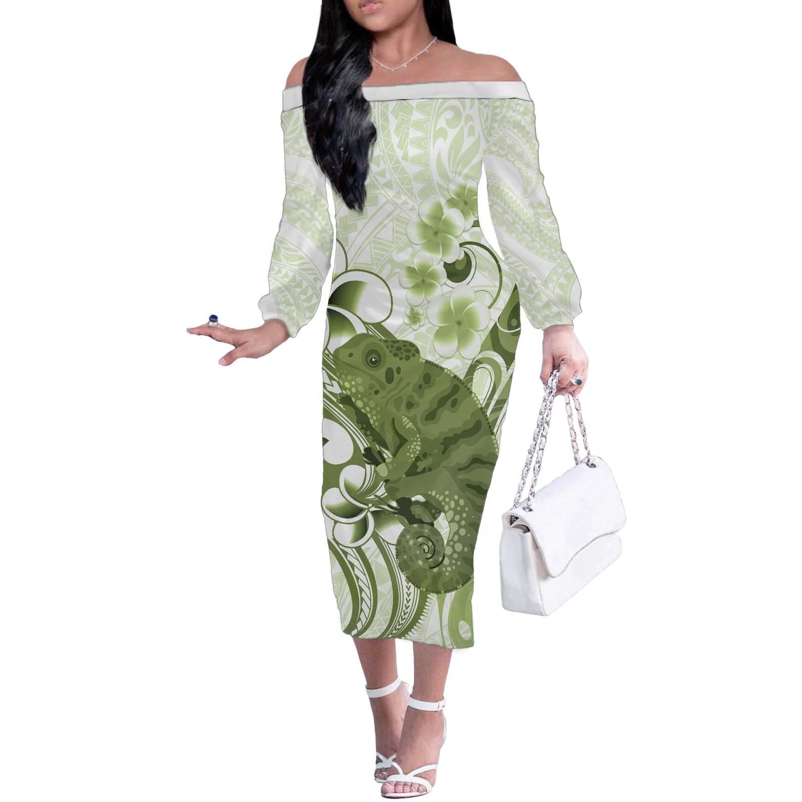 Green And White Hawaii Chameleon Off The Shoulder Long Sleeve Dress Plumeria Polynesian Tribal Art