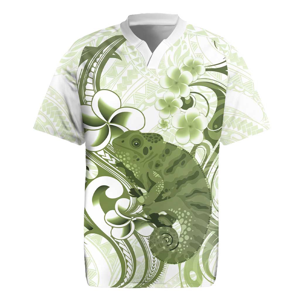 Green And White Hawaii Chameleon Rugby Jersey Plumeria Polynesian Tribal Art LT14 Lime Green - Polynesian Pride