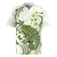 Green And White Hawaii Chameleon Rugby Jersey Plumeria Polynesian Tribal Art LT14 Lime Green - Polynesian Pride