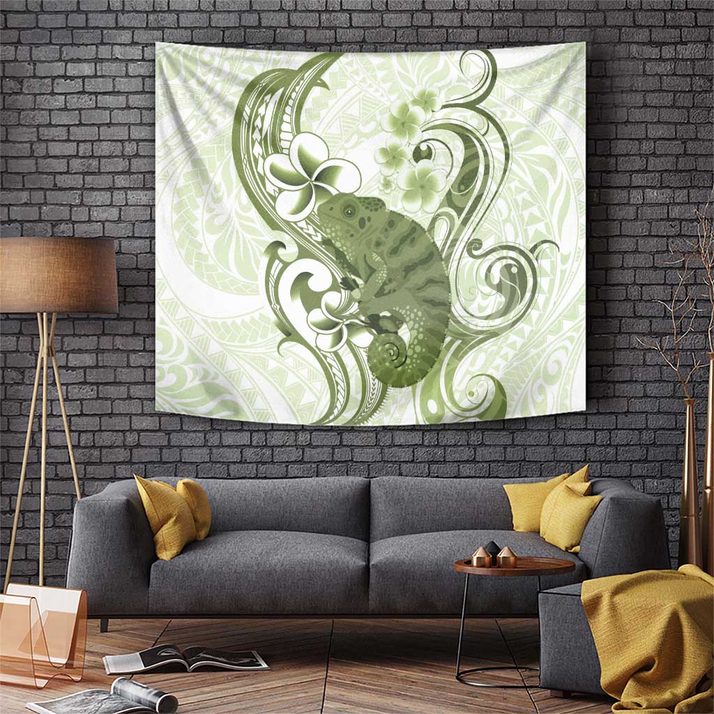 Green And White Hawaii Chameleon Tapestry Plumeria Polynesian Tribal Art