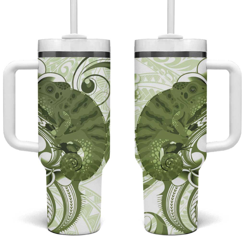 Green And White Hawaii Chameleon Tumbler With Handle Plumeria Polynesian Tribal Art