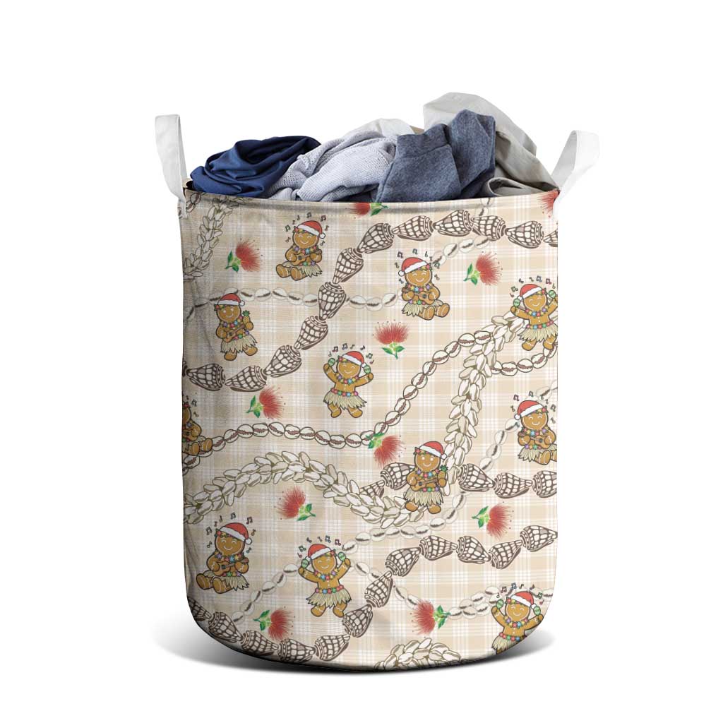 Beige Palaka Hawaii Mele Kalikimaka Laundry Basket Ohia Lehua Shell Leis Funny Gingerbread Santa LT14 - Polynesian Pride