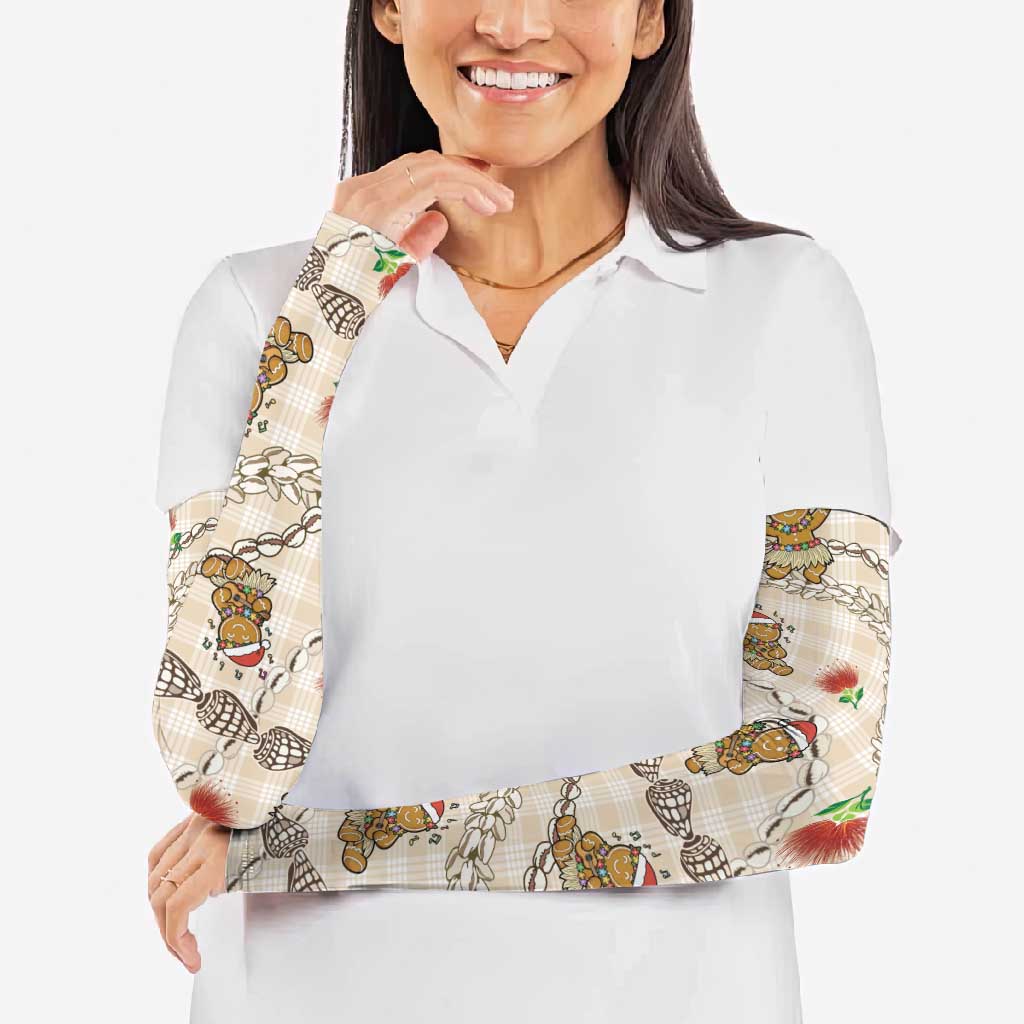 Beige Palaka Hawaii Mele Kalikimaka Arm Sleeves Ohia Lehua Shell Leis Funny Gingerbread Santa - Polynesian Pride