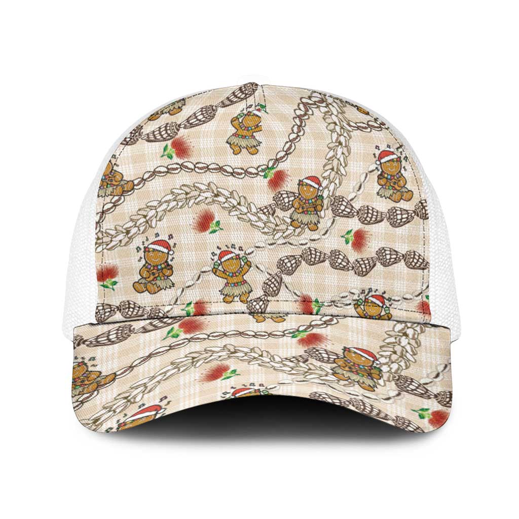 Beige Palaka Hawaii Mele Kalikimaka Baseball Net Cap Ohia Lehua Shell Leis Funny Gingerbread Santa - Polynesian Pride