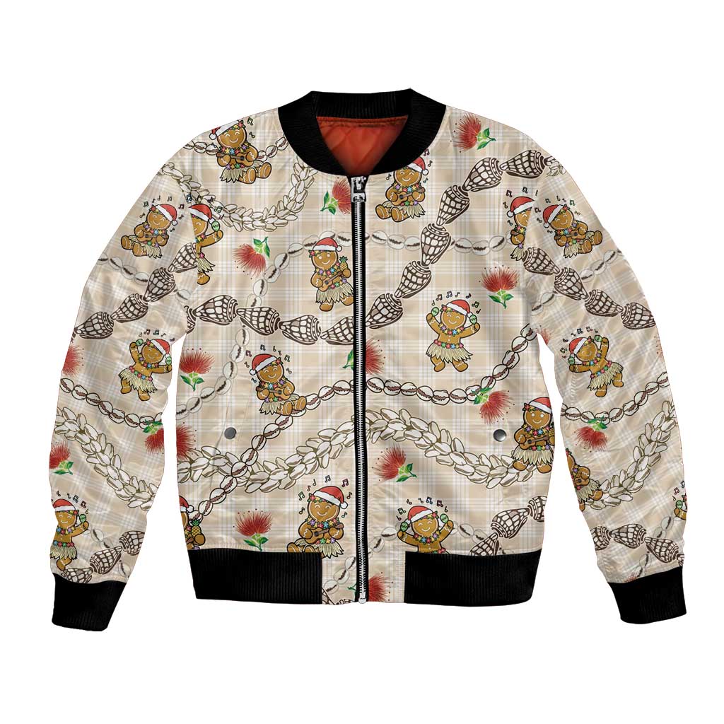Beige Palaka Hawaii Mele Kalikimaka Bomber Jacket Ohia Lehua Shell Leis Funny Gingerbread Santa - Polynesian Pride