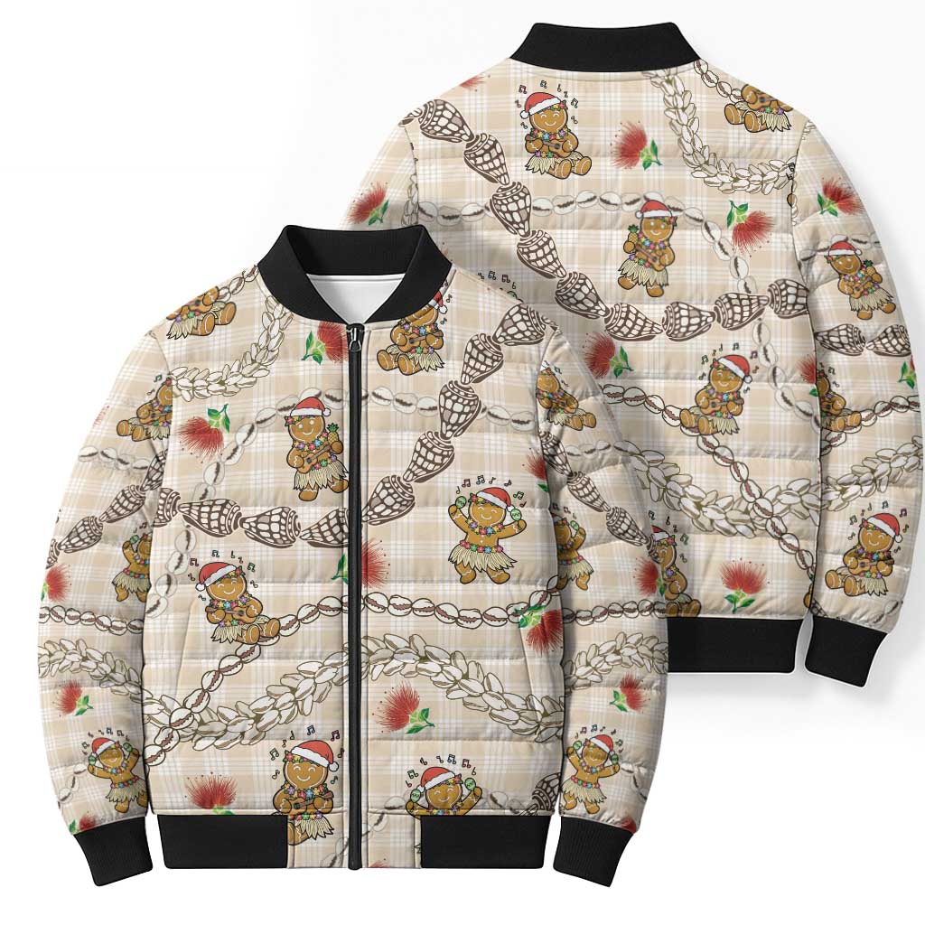 Beige Palaka Hawaii Mele Kalikimaka Bomber Puffer Jacket Ohia Lehua Shell Leis Funny Gingerbread Santa - Polynesian Pride