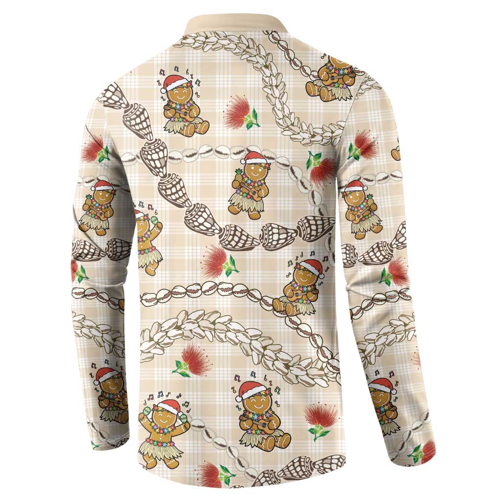 Beige Palaka Hawaii Mele Kalikimaka Button Sweatshirt Ohia Lehua Shell Leis Funny Gingerbread Santa - Polynesian Pride