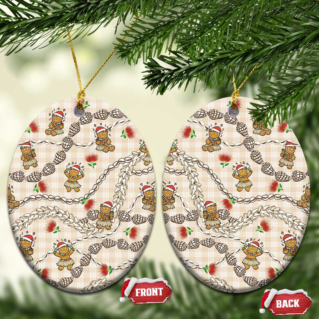 Beige Palaka Hawaii Mele Kalikimaka Ceramic Ornament Ohia Lehua Shell Leis Funny Gingerbread Santa LT14 Oval Beige - Polynesian Pride