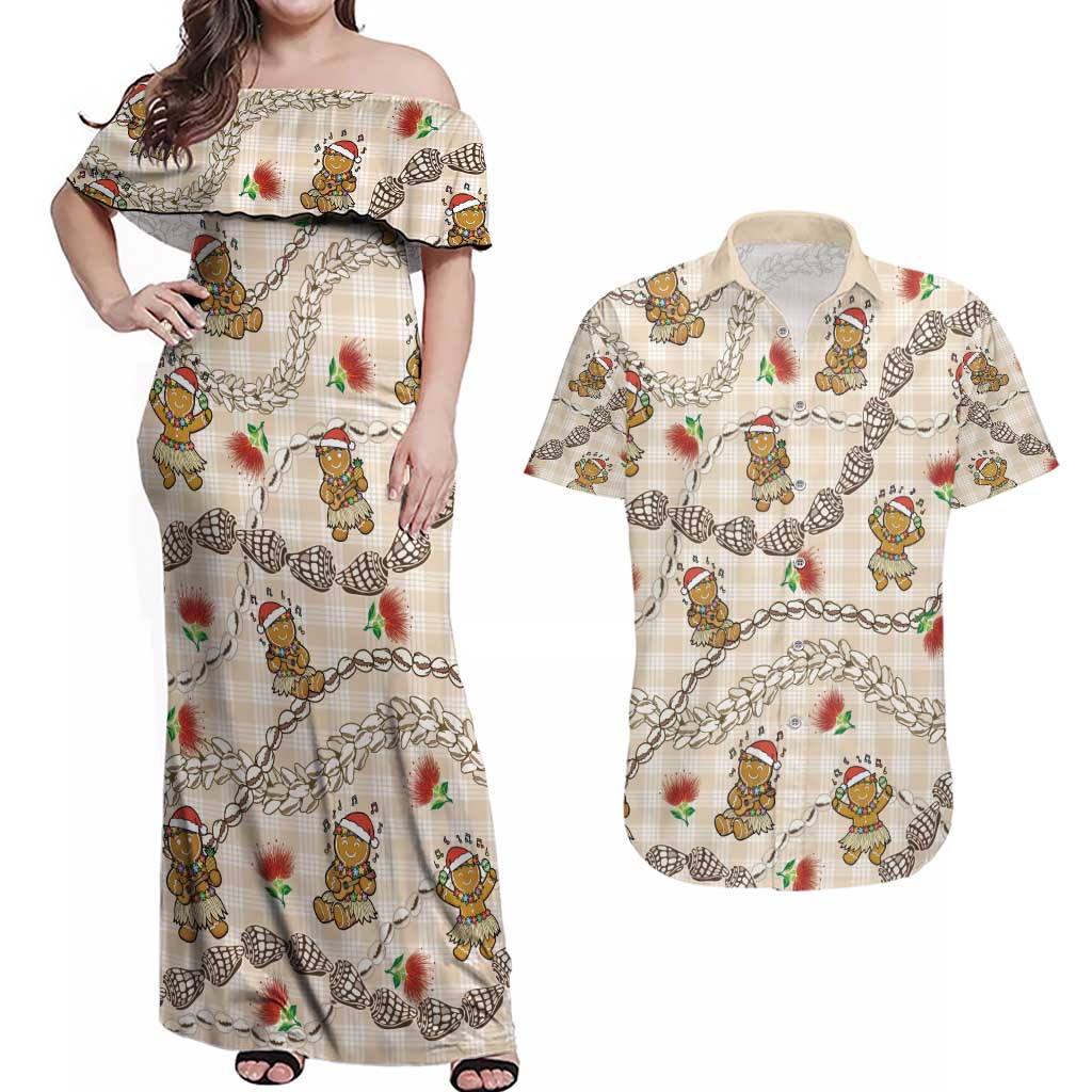 Beige Palaka Hawaii Mele Kalikimaka Couples Matching Off Shoulder Maxi Dress and Hawaiian Shirt Ohia Lehua Shell Leis Funny Gingerbread Santa - Polynesian Pride