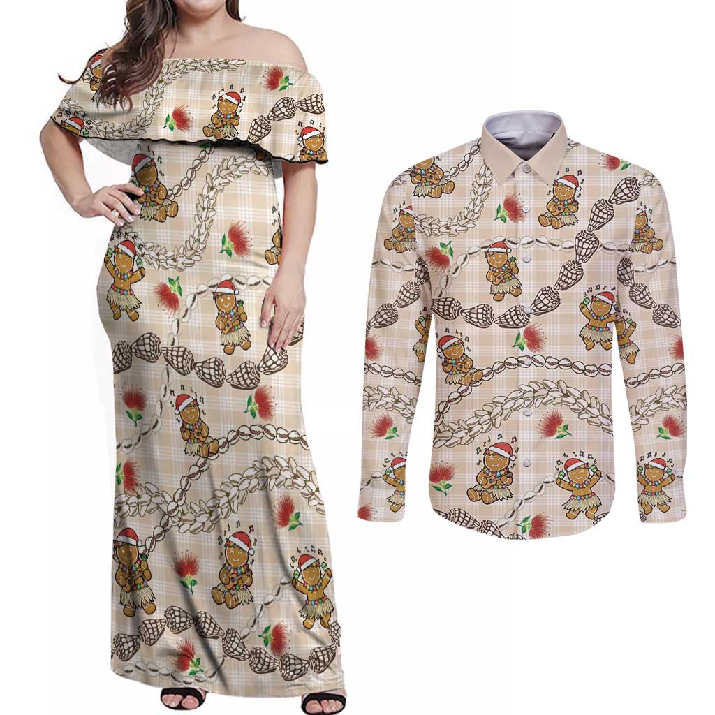 Beige Palaka Hawaii Mele Kalikimaka Couples Matching Off Shoulder Maxi Dress and Long Sleeve Button Shirt Ohia Lehua Shell Leis Funny Gingerbread Santa - Polynesian Pride