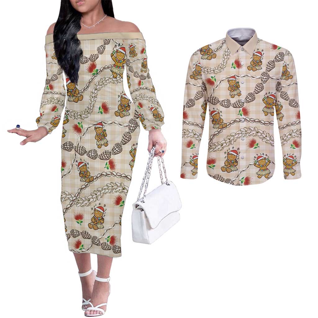 Beige Palaka Hawaii Mele Kalikimaka Couples Matching Off The Shoulder Long Sleeve Dress and Long Sleeve Button Shirt Ohia Lehua Shell Leis Funny Gingerbread Santa - Polynesian Pride