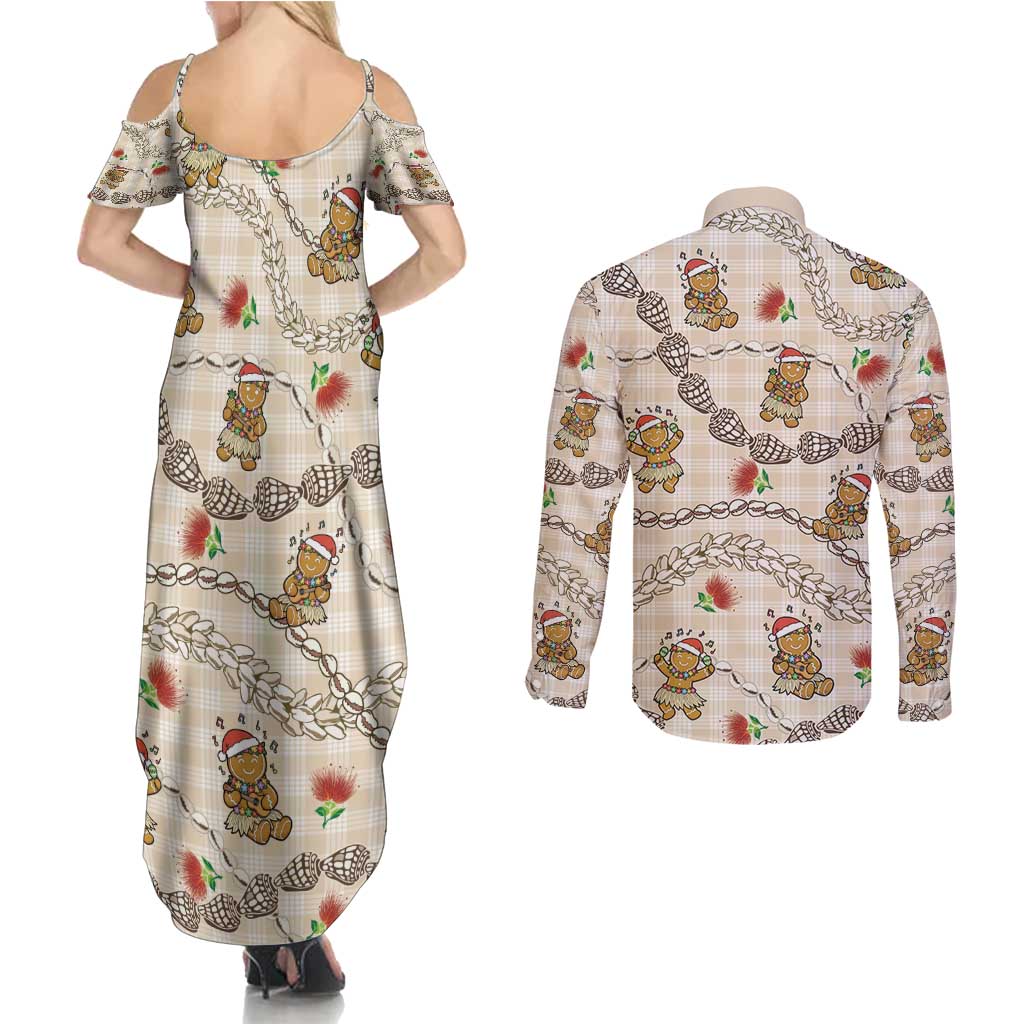 Beige Palaka Hawaii Mele Kalikimaka Couples Matching Summer Maxi Dress and Long Sleeve Button Shirt Ohia Lehua Shell Leis Funny Gingerbread Santa - Polynesian Pride