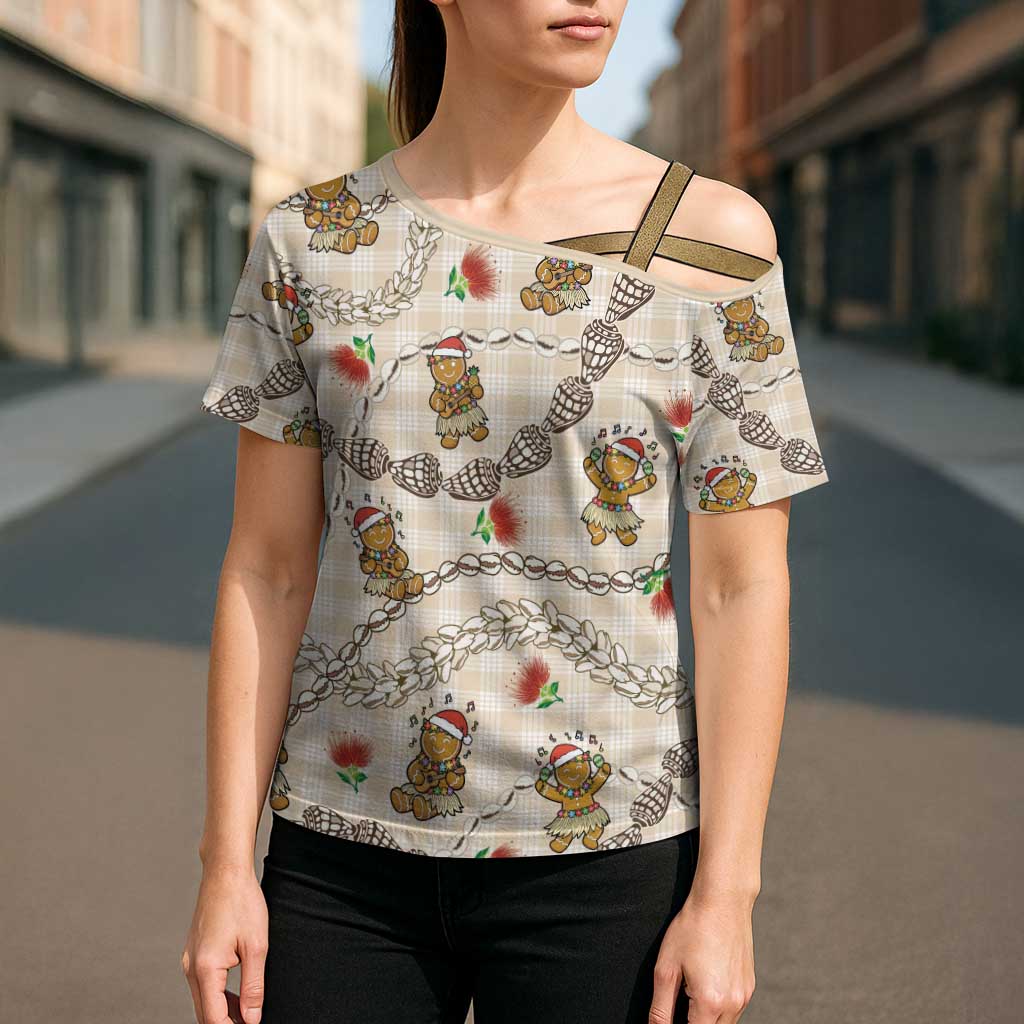 Beige Palaka Hawaii Mele Kalikimaka Cross Shoulder Shirt Ohia Lehua Shell Leis Funny Gingerbread Santa - Polynesian Pride