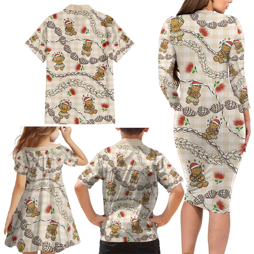 Beige Palaka Hawaii Mele Kalikimaka Family Matching Long Sleeve Bodycon Dress and Hawaiian Shirt Ohia Lehua Shell Leis Funny Gingerbread Santa - Polynesian Pride