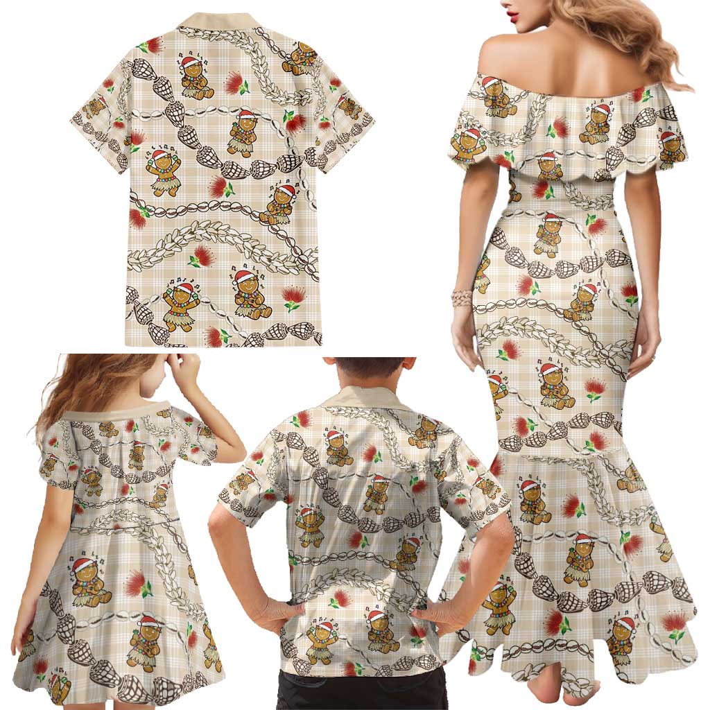 Beige Palaka Hawaii Mele Kalikimaka Family Matching Mermaid Dress and Hawaiian Shirt Ohia Lehua Shell Leis Funny Gingerbread Santa - Polynesian Pride