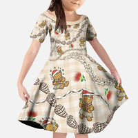 Beige Palaka Hawaii Mele Kalikimaka Family Matching Off The Shoulder Long Sleeve Dress and Hawaiian Shirt Ohia Lehua Shell Leis Funny Gingerbread Santa - Polynesian Pride