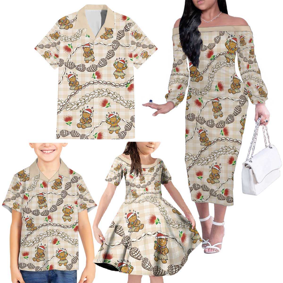 Beige Palaka Hawaii Mele Kalikimaka Family Matching Off The Shoulder Long Sleeve Dress and Hawaiian Shirt Ohia Lehua Shell Leis Funny Gingerbread Santa - Polynesian Pride
