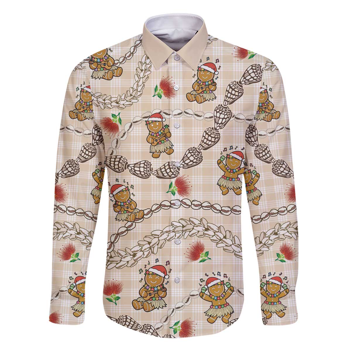 Beige Palaka Hawaii Mele Kalikimaka Family Matching Off The Shoulder Long Sleeve Dress and Hawaiian Shirt Ohia Lehua Shell Leis Funny Gingerbread Santa - Polynesian Pride