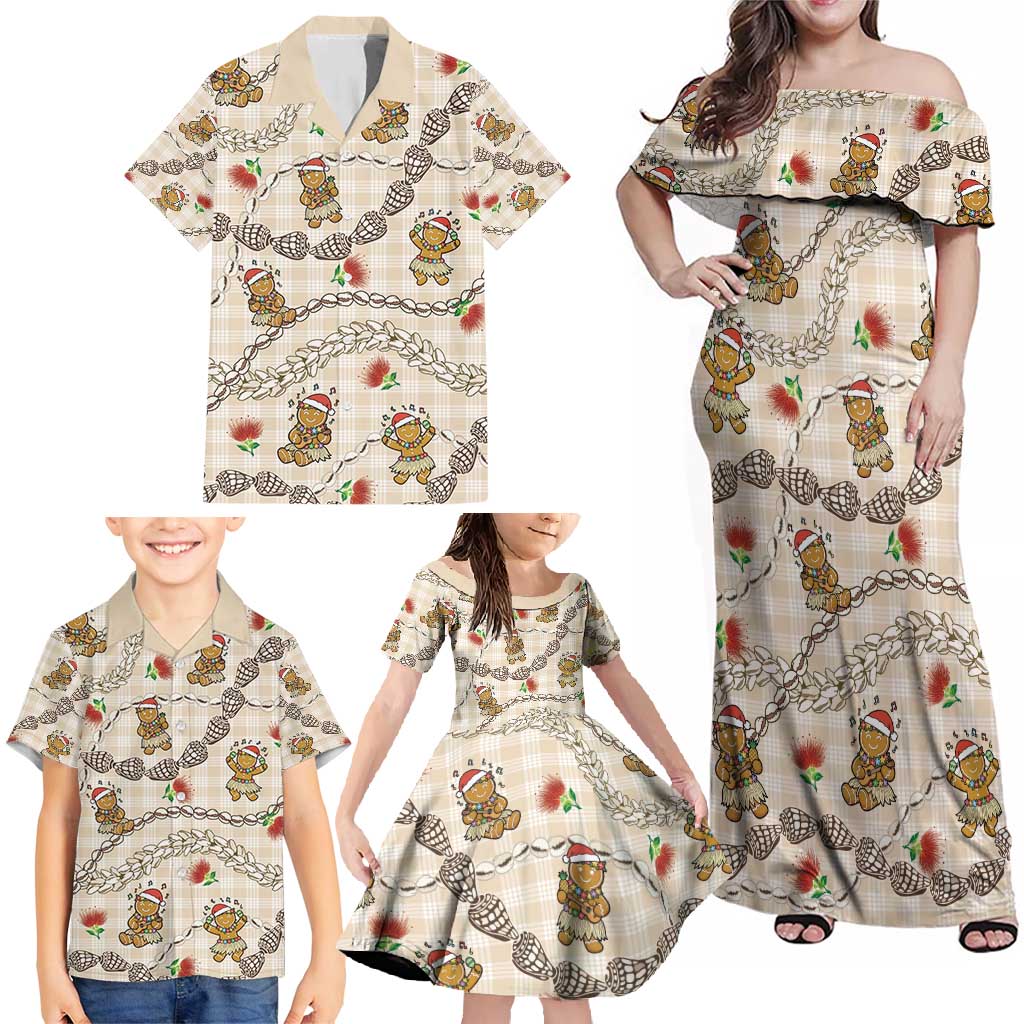 Beige Palaka Hawaii Mele Kalikimaka Family Matching Off Shoulder Maxi Dress and Hawaiian Shirt Ohia Lehua Shell Leis Funny Gingerbread Santa - Polynesian Pride